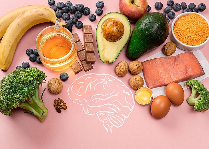 brain illustration with magnesium and potassium foods pictured, like bananas, avocados, and chocolate