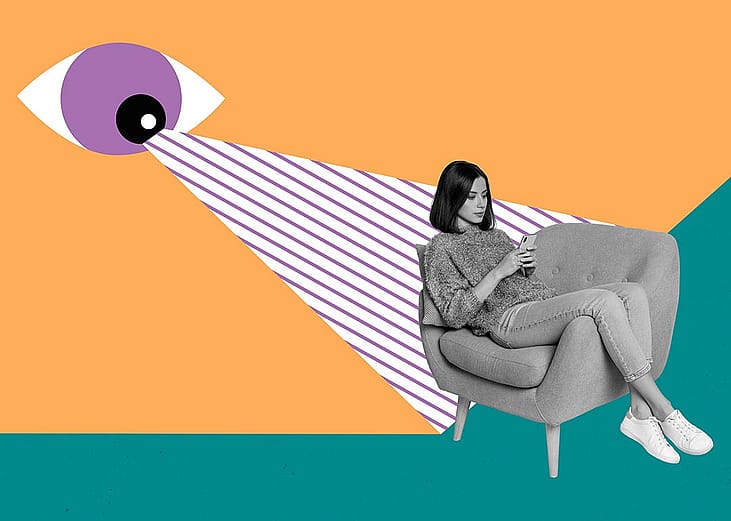 3d retro abstract collage of hacker eye spying personal data of girl in armchair