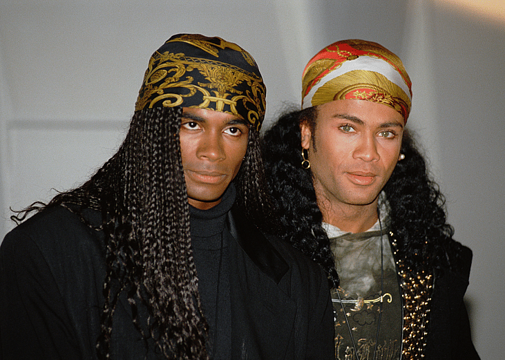 German pop band Milli Vanilli, composed of French singer, songwriter, dancer and model Fab Morvan and German-American model, dancer and singer Rob Pilatus, at a press conference announcing they will return their Grammy Awards after confessing to lip-synching their songs.