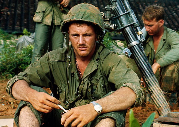 Troops of U.S. Army 1st Brigade infantry on a search and destroy operation south of Bien Hoa Airbase in Vietnam.