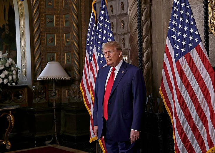  former President Donald Trump speaks in the library at Mar-a-Lago  