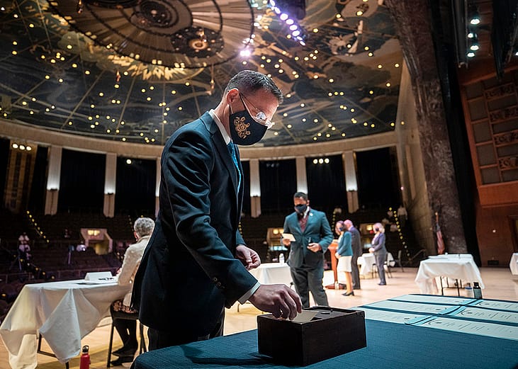 Pennsylvania elector Josh Shapiro casting his 2020 Electoral College ballot.