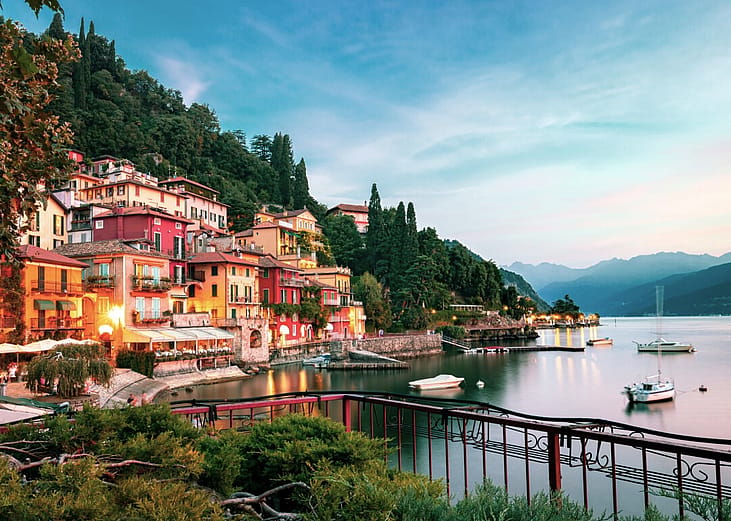 Sunset view of Varenna Old Town on Lake Como.