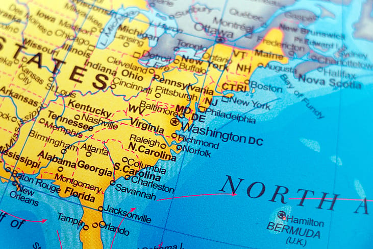 Map of Eastern seaboard of U.S. including Florida, Maryland and New York.