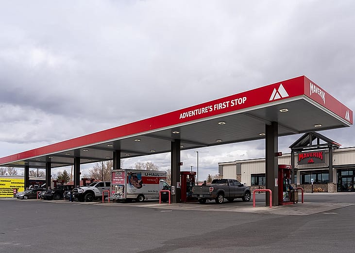 A Maverik gas station and convenience store are photographed on a cloudy day in Wyoming, USA on May 8, 2023.