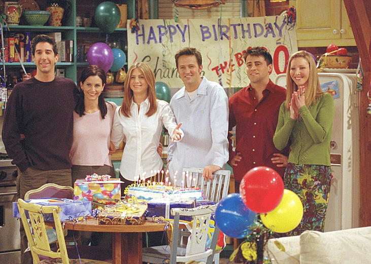 The cast of the show 'Friends' in a scene from season 4, 1998.