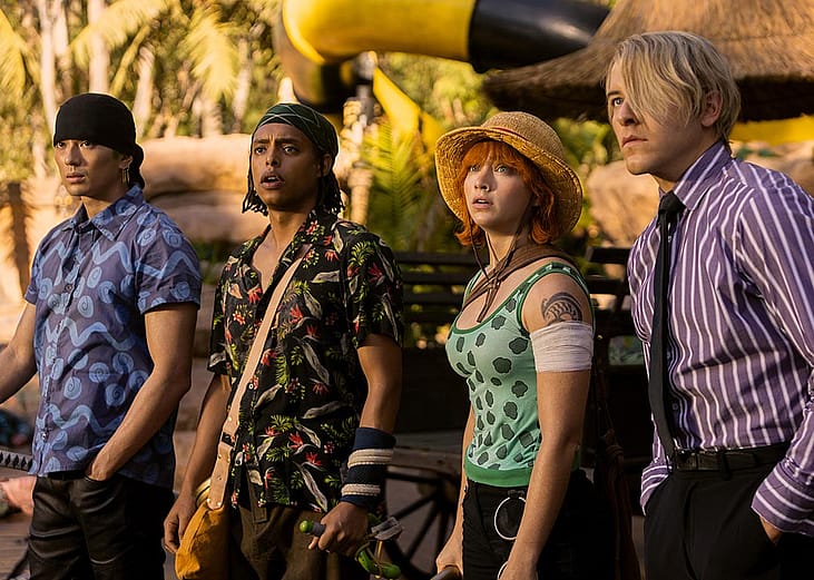 Mackenyu Arata as Roronoa Zoro, Jacob Romero Gibson as Usopp, Emily Rudd as Nami, Taz Skylar as Sanji in season 1 of One Piece.