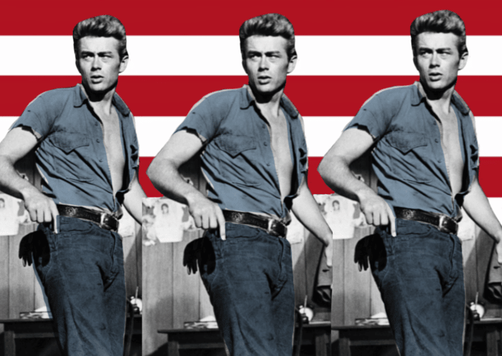 A photo illustrations depicting James Dean wearing jeans against a backdrop of the American flag.