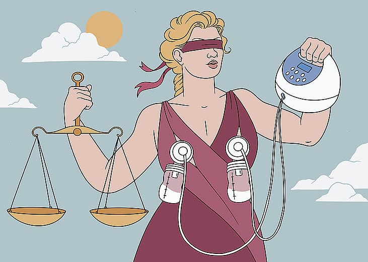 Illustration showing concept of injustice for nursing parents; lady justice is depicted pumping milk, holding scales in one hand and breast pump in the other.
