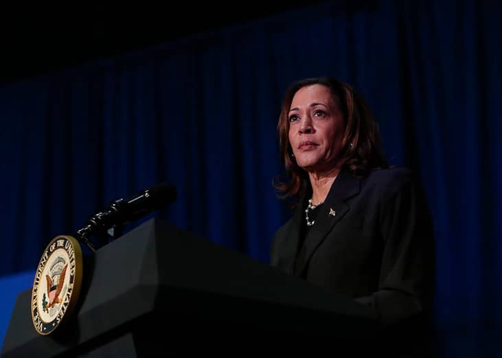 US Vice President Kamala Harris makes remarks before a moderated conversation July 17, 2024 in Kalamazoo, Michigan.
