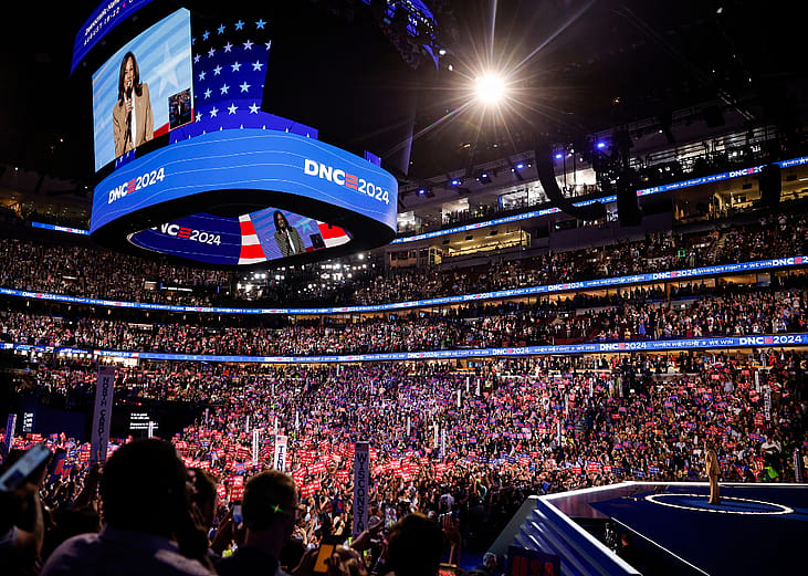 Kamala Harris speaks onstage during the first day of the Democratic National Convention.
