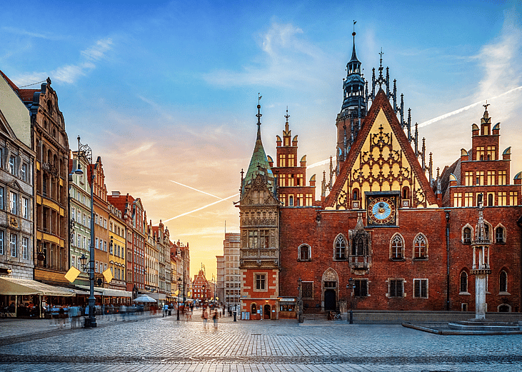 Central market square with old houses at sunset in Wroclaw, Poland