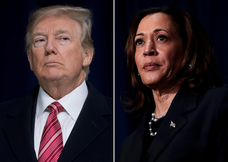 Side-by-side collage of portraits of presidential candidates Donald Trump (left) and Kamala Harris (right)