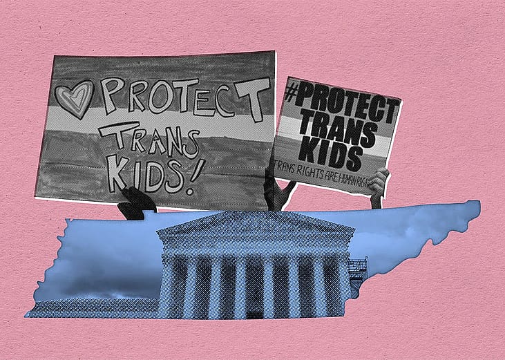 A collage illustration showing the U.S. Supreme Court over a graphic of a state and "Protect Trans Kids" protest signs.