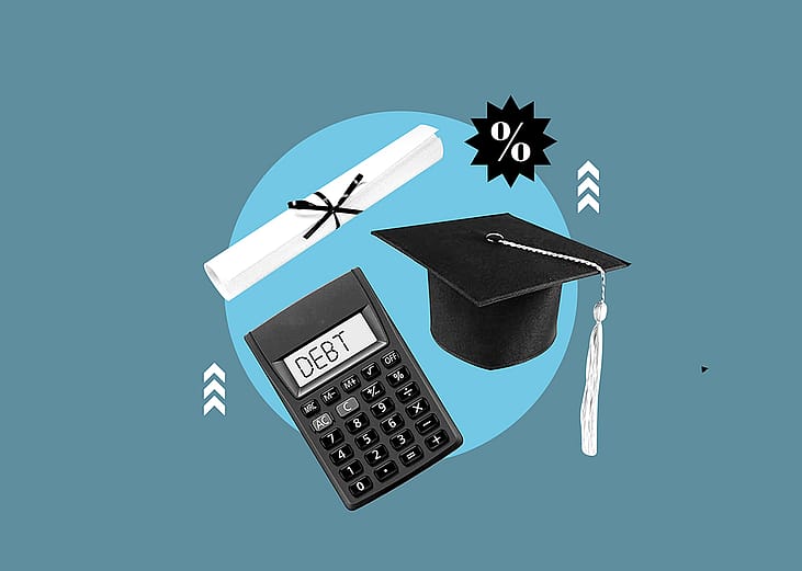 Conceptual illustration for student debt; a calculator with "debt" as text, graduation cap and a diploma.