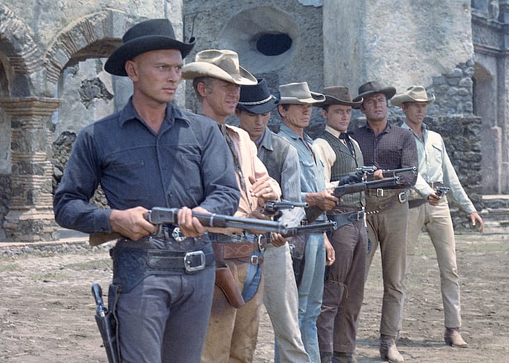 Actors Yul Brynner, Steve McQueen, Horst Buchholz, Charles Bronson, Robert Vaughn, Brad Dexter, and James Coburn in the 1960 movie 'The Magnificent Seven.'