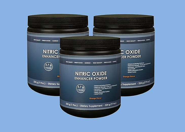 Three jars of nitric oxide supplement powder in blue background.
