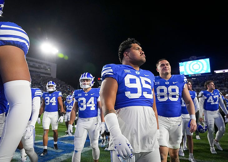 Luke To'omalatai (95) after the game against the Kansas Jayhawks in Provo.