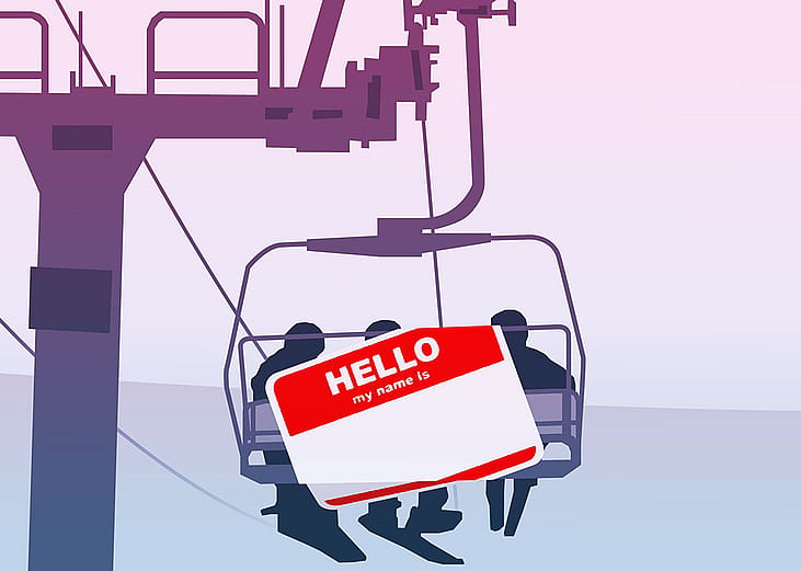 A ski lift with a name tag illustrated over it.