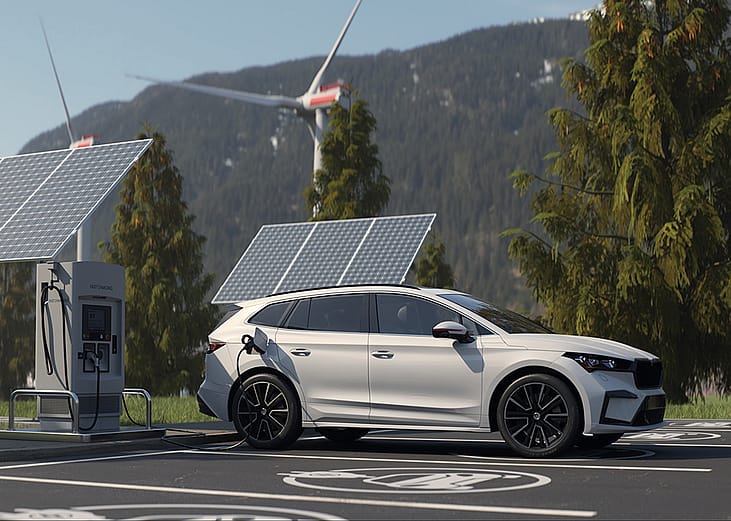 An electric vehicle being charged in a wide lot with a scenic background.