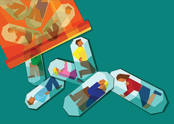 Illustration of people in pain trapped in pill capsules as a concept of addiction.
