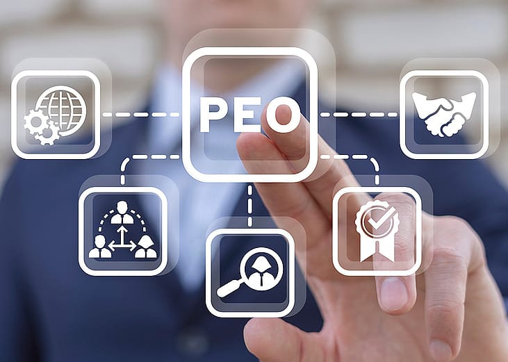An HR professional illustrated with a virtual PEO insurance concept.