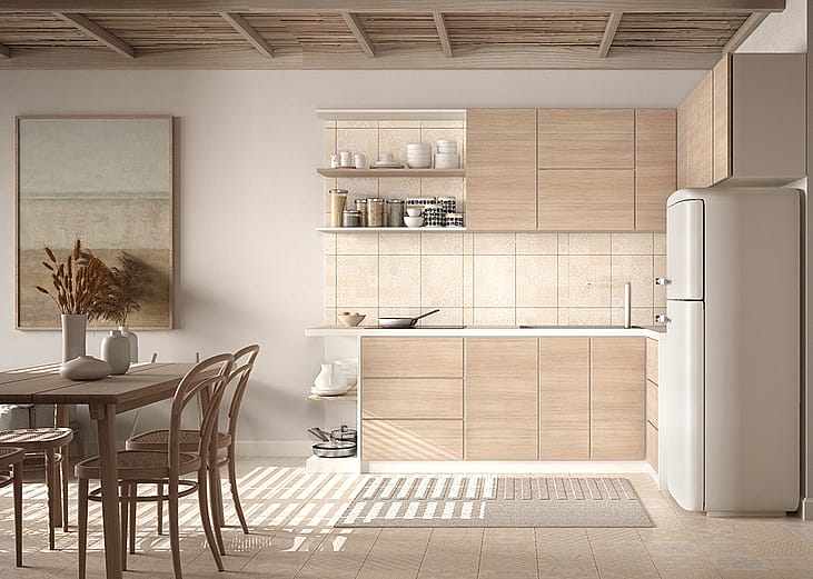 A cosy modern kitchen with bamboo ceiling and beige wooden cabinetry.