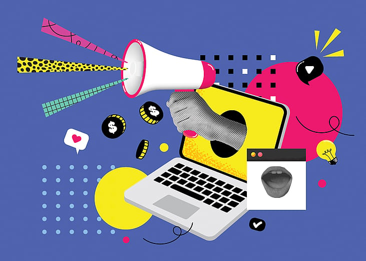 Illustration of a laptop with a hand holding a megaphone coming out of the screen and other concepts of influencer marketing and costs.