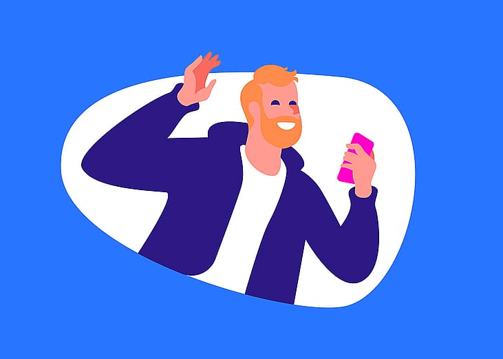 Character illustration of a man happily using a phone for rideshare services.