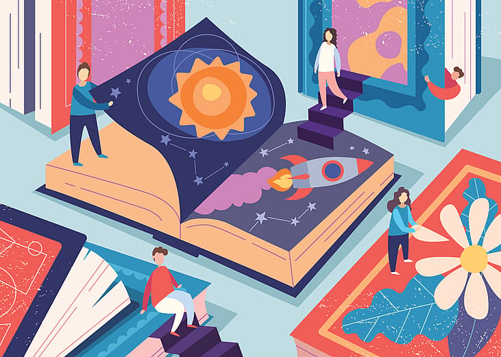 Illustration showing figures of young people being on top of textbook pages.