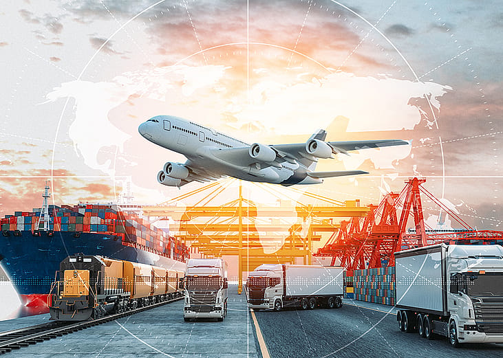 Import and export processes concept showing trains, trucks, a cargo ship and a plane.
