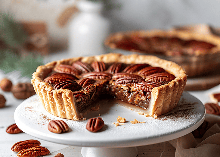 A whole pecan pie with a slice cut out on a white stand