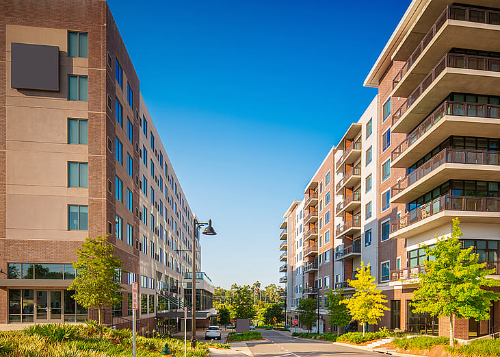 Modern apartment buildings in downtown Tallahassee, Florida.