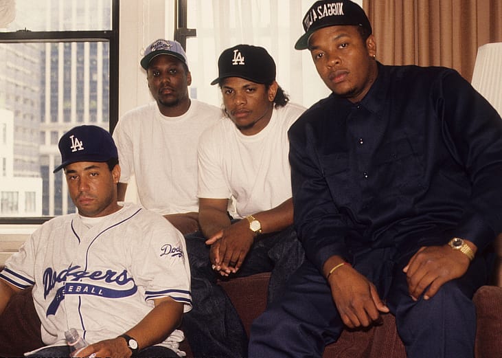 Rappers MC Ren, DJ Yella, Eazy-E and Dr. Dre of the rap group NWA pose for a portrait in 1991 in New York, New York.
