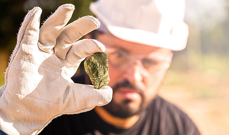 Miner holding gold nugget, with point focus on the nugget