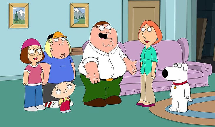 Peter, Lois, Meg, Chris, and Stewie Griffin with Bryan the Dog in the Family Guy livingroom