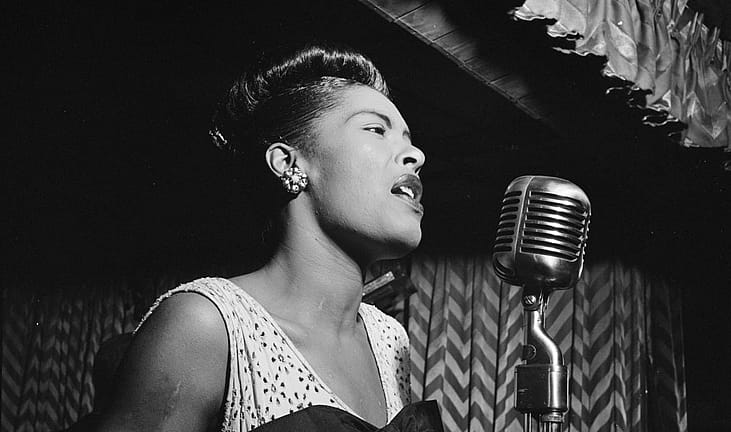 American blues singer Billie Holiday performing at the Downbeat Jazz Club, New York City, circa February 1947.