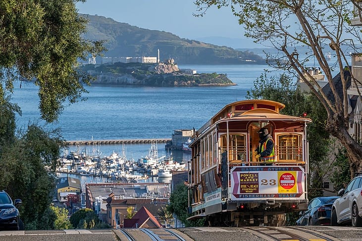 A cable car in San Francisco at daybreak.