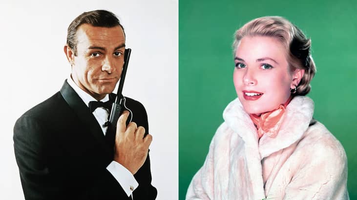 Split image where the left image is Sean Connery as James Bond, and the right is a portrait of Grace Kelly with a green background.