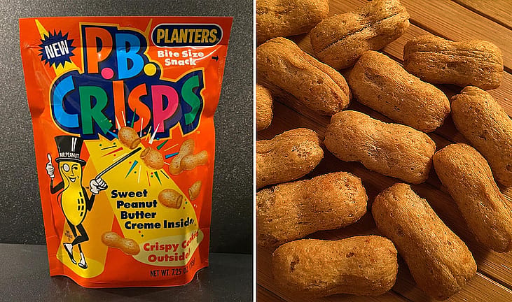 A split image of a bag of P.B. Crisps and some P.B. Crisps on a table.
