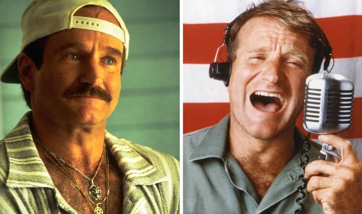 Split thumb of Robin Williams in Bird Cage and Robin Williams in Good Morning Vietnam.