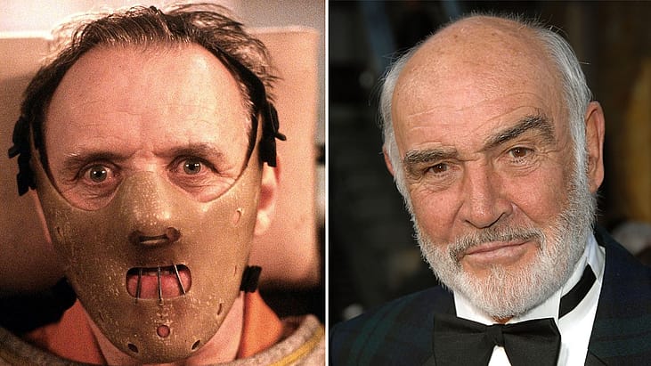 Split thumb: Left, Anthony Hopkins as Hannibal Lector. Right, Sean Connery in a tuxedo.