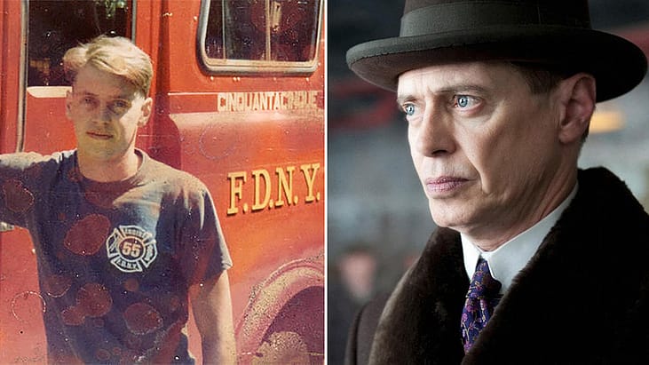 Split image of Steve Buscemi as a firefighter, and then him as Nucky Thompson on Boardwalk Empire
