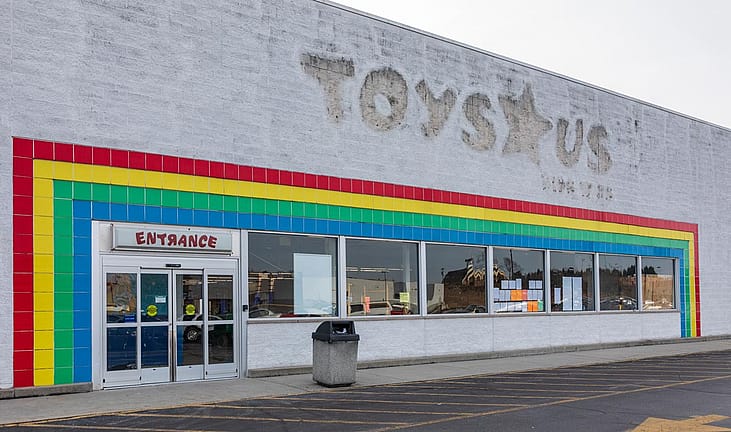 A closed Toys R Us store with the outline of the old signage. 