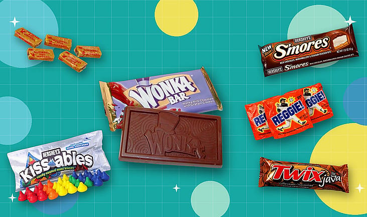 A collage image of 5 different discontinued candies including Smores, Wonka Bar, Squirrel Nut Zippers, Reggie Bar, Twix Java and Kissables