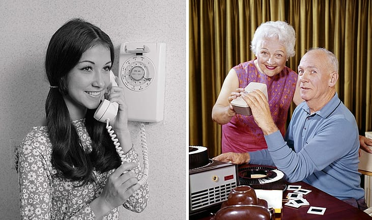 Split image: Left, a young woman talking on a rotary phone. Right, an elderly couple looking at slides next to their projector.