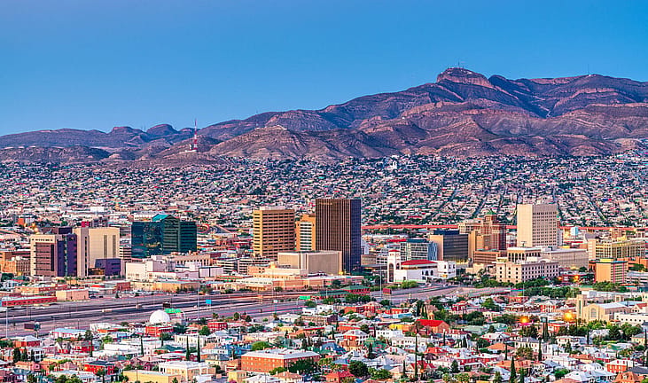 El Paso downtown city skyline at twilight.