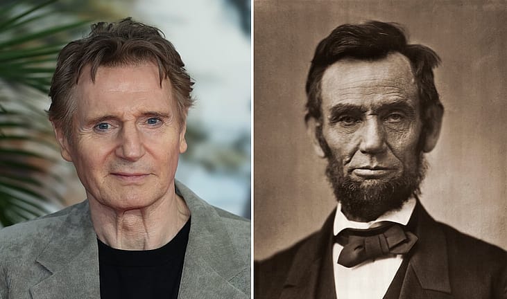 Side-by-side images of actor Liam Neeson at a 2025 London film premiere and a mid-19th-century portrait of Abraham Lincoln.