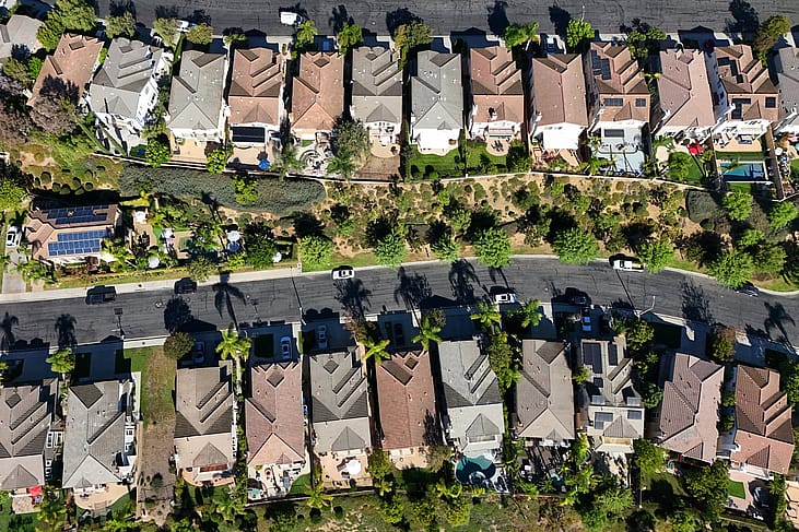 Aerial view of a suburban neighborhood.
