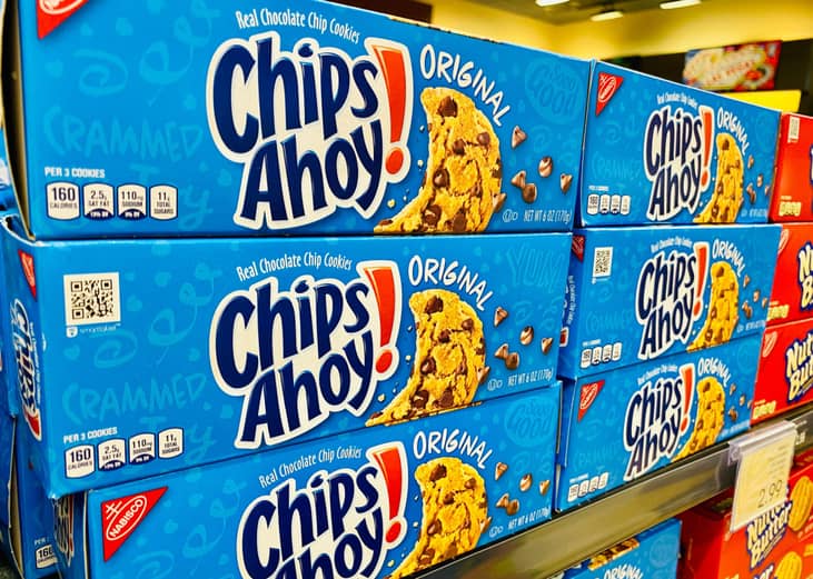 Boxes of Chips Ahoy! Cookies on supermarket shelf.